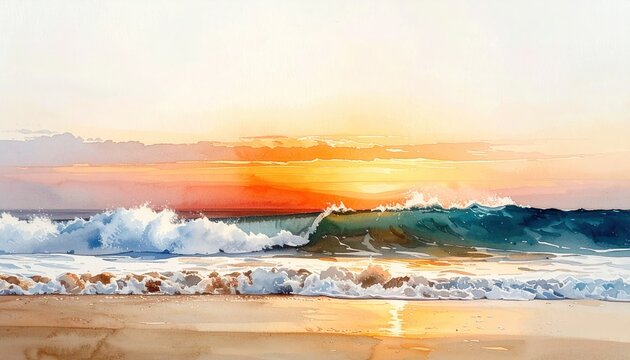 鮮やかなオレンジ色の夕日が水平線に沈む瞬間の美しい海岸を描いた水彩画の背景素材で、白く泡立つ波しぶきと穏やかな砂浜が黄金色の空と見事に調和した、静寂で平和な夏の夕暮れの風景を表現した芸術的な作品です。