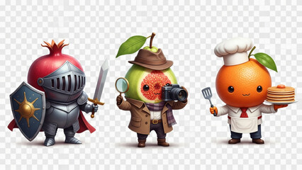 Fototapeta premium Cute Anthropomorphic Fruit Characters Knight Detective and Chef 3D Render