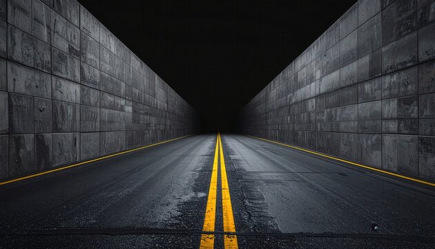 양옆으로 거대한 콘크리트 벽이 높게 솟아 있는 어두운 밤의 아스팔트 도로 위로 노란색 이중 실선이 끝없는 어둠 속으로 길게 뻗어 나가는 미니멀하고 시네마틱한 분위기의 대칭적인 풍경 배경 이미지입니다.
