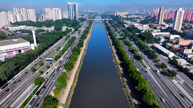 Marginal Tiete Road In Sao Paulo  Brazil. Highrise Buildings. Downtown District. Freeway Road. Marginal Tiete Road In Sao Paulo Brazil. Beautiful Cityscape. Sao Paulo Brazil.