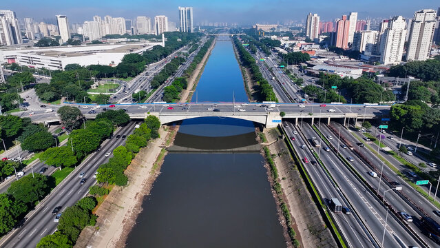 Marginal Tiete Road In Sao Paulo  Brazil. Highrise Buildings. Downtown District. Freeway Road. Marginal Tiete Road In Sao Paulo Brazil. Beautiful Cityscape. Sao Paulo Brazil.