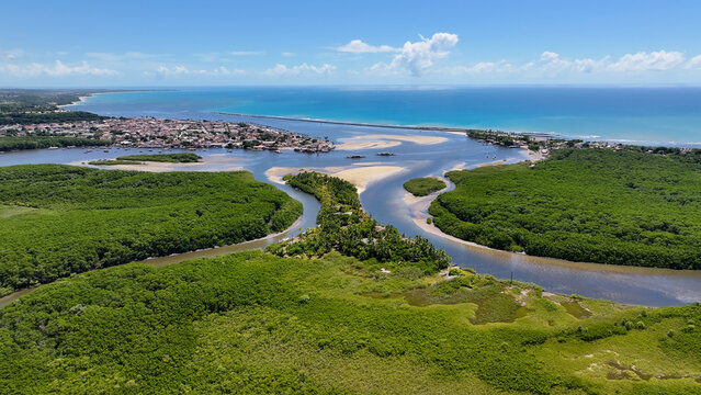 Porto Seguro Skyline At Porto Seguro In Bahia Brazil. Mangrove Skyline. Beach Landscape. Beautiful Sandbanks. Porto Seguro Skyline In Porto Seguro In Brazil. Nature Seascape. Brazil Northeastern.
