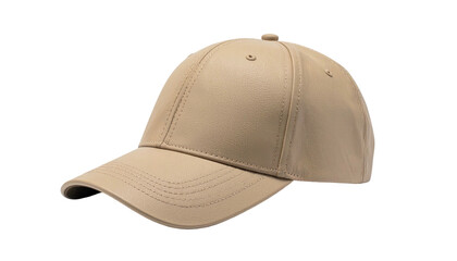 Fototapeta premium A tan, stitched, baseball-style cap with a curved visor, isolated on black