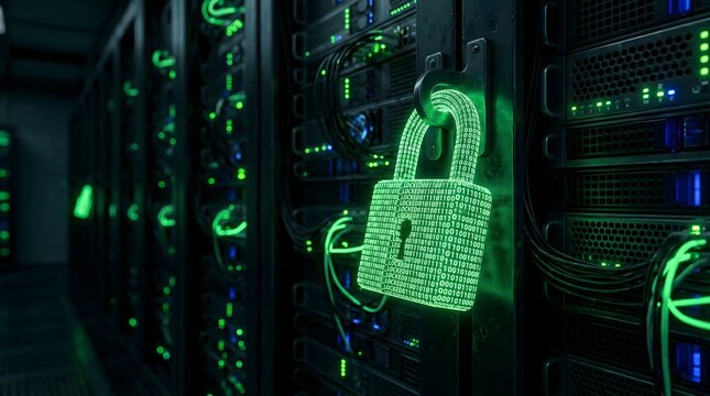 A glowing green digital padlock made of binary code hanging on a server rack in a dark data center, representing cybersecurity and data protection for cloud storage and networks