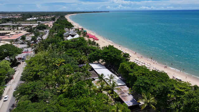 Taperapua Beach At Porto Seguro In Bahia Brazil. Tropical Skyline. Beach Landscape. Native Coconut Trees. Taperapua Beach In Porto Seguro In Brazil. Nature Seascape. Brazil Northeastern.
