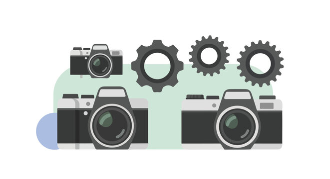 A collection of three cameras and three gears of varying sizes and designs, set against a simple, multi-colored background shape.