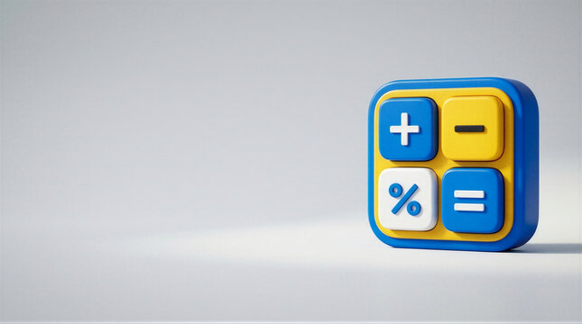 A close-up of a blue and yellow calculator against a white backdrop.