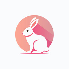 Fototapeta premium Modern Minimalist White Rabbit Logo Illustration with Long Shadow on a Soft Pink Circular Background, Ideal for Pet Care or Animal-Themed Branding