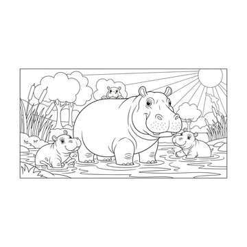 Coloring page featuring hippopotamus family in river