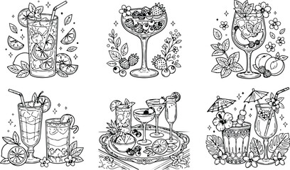 Obraz premium Black and white line art vector set of six detailed cocktail glasses with fruits ice cubes and decorative leaves arranged for tropical and refreshing summer drinks coloring book