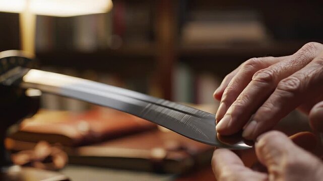 Master craftsman inspecting the blade of a traditional Japanese katana