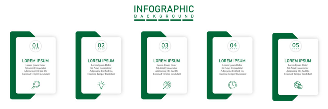 Business infographic with arrow flow timeline, 5-step marketing process diagram for presentation and reporting.