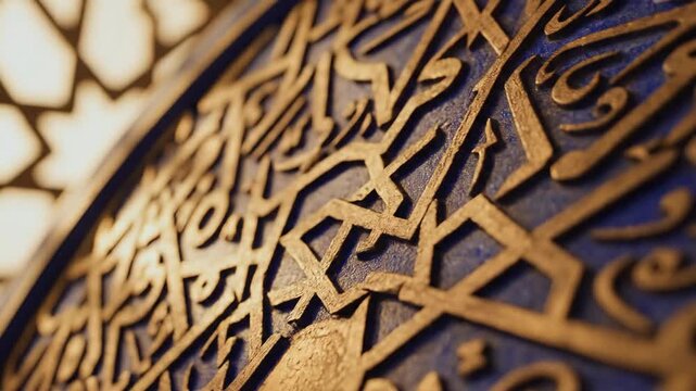 Intricate golden Arabic calligraphy and geometric patterns carved into a blue textured surface, detailed ornamental design, cultural heritage, Islamic art