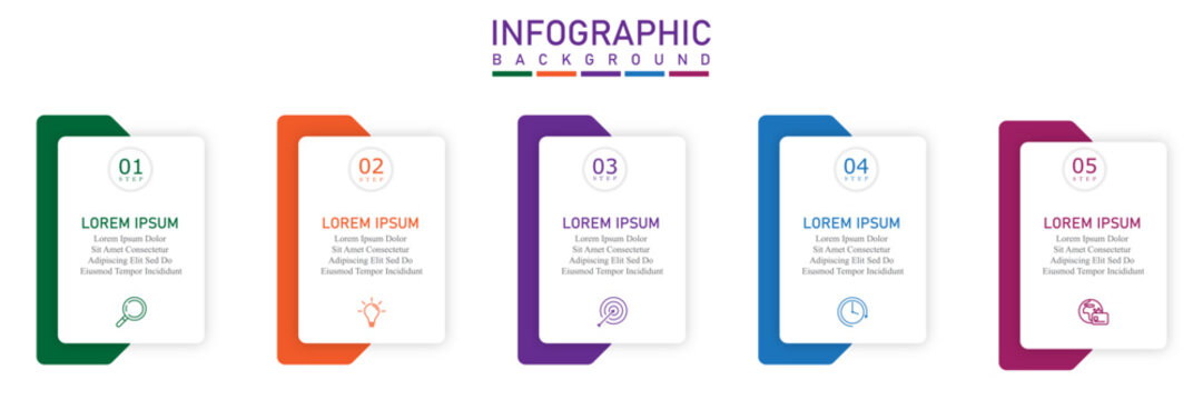 Modern business infographic timeline with arrow flow, clean 5-step process layout for monthly or annual reports and marketing presentations.