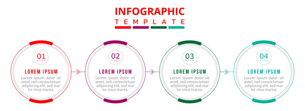 Modern Circular 4-Step Process Infographic, Clean Workflow Timeline Design, Minimal Flat Diagram with Arrow Flow Elements