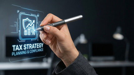 Tax strategy planning compliance high level planning hand holding pen on digital tax icon