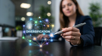 Diversification planning high level strategy in business office with hand holding pen