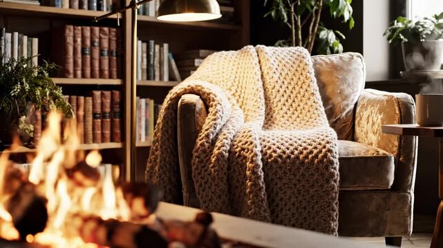Cozy armchair with knitted blanket next to a fireplace and bookshelf, warm and inviting atmosphere, relaxation and comfort, ideal for home decor or lifestyle concepts.