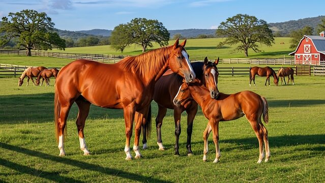 Horses grazing peacefully in a lush green pasture with a red barn.