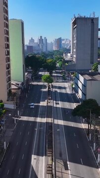 Rio Branco Avenue At Sao Paulo In Brazil. Landmark Avenue. Downtown District. Highrise Buildings. Rio Branco Avenue At Sao Paulo In Brazil. City Life Landscape. 