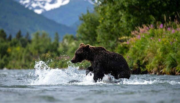 Bear wading through a river splashing water