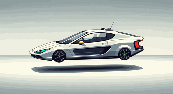 Futuristic white flying car hovering above a neutral background in a minimalist sci-fi style