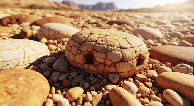 Close-up of a unique patterned rock on a rocky riverbed with warm sunlight.
