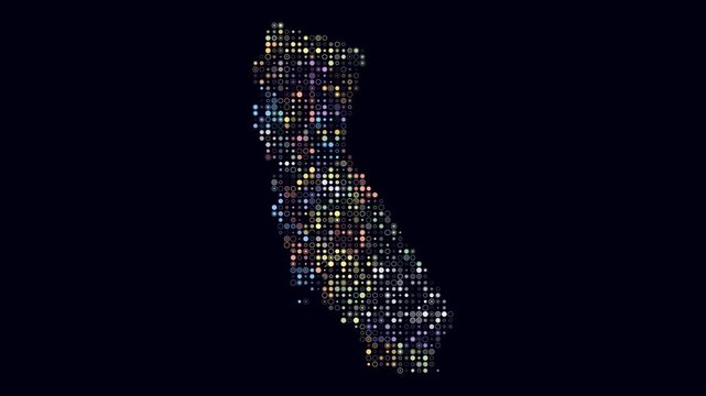 California animated shape. Pulsating colored dots on the map of the state. Small size circle blocks. Digital style California map on dark background. Abstract animation video.