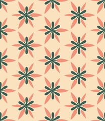 Fototapeta premium Repeating floral pattern in peach and dark green tones. Symmetrical shapes arranged in a seamless, uniform layout. Vibrant, minimalist design suitable for backgrounds or decor