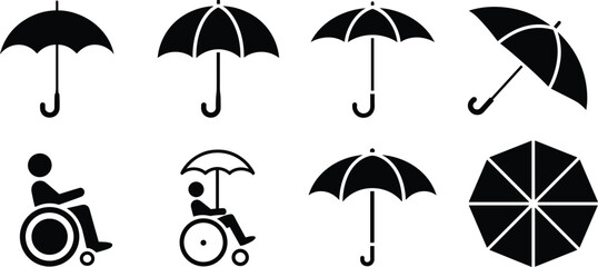 Assortment of Umbrella and Wheelchair User Icons for Protection and Accessibility parasol rain protection © Mst