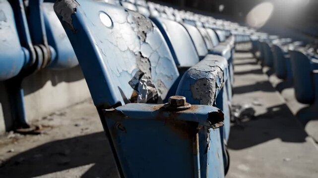 Rows of weathered, cracked blue stadium seats showing rust and decay, a symbol of abandonment and neglect