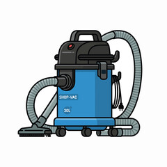 Naklejka premium An illustration of a blue shop vacuum cleaner with a black lid, hoses, and a cleaning nozzle. It's labeled SHOP-VAC 30L and has wheels.
