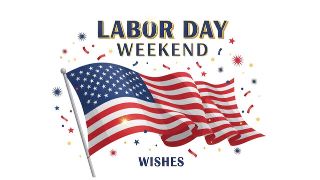 American flag waving with labor day weekend wishes and colorful confetti isolated on white background