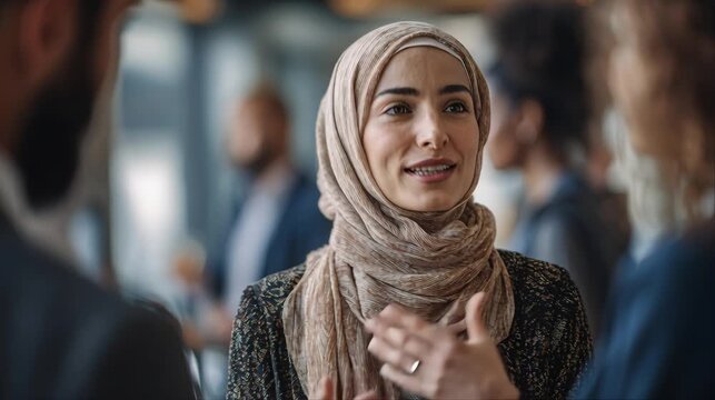 Smiling Muslim professional woman in hijab speaking during a business meeting, expressing ideas with confidence in a modern office setting.