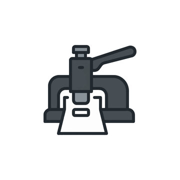 A graphic illustration of a punch press, a machine used for cutting or shaping metal or other materials.