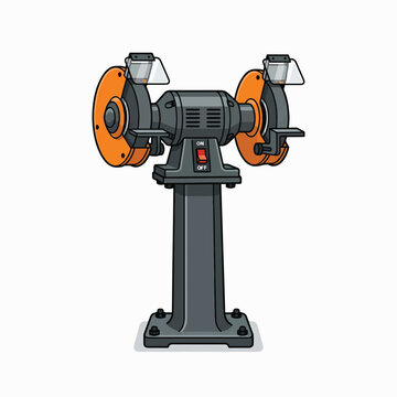 A colorful cartoon illustration of a pedestal bench grinder with two orange grinding wheels, safety guards, and an ON/OFF switch, depicted against a plain white background.