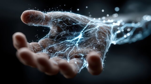 Close-up of a hand with electric energy coursing through its veins