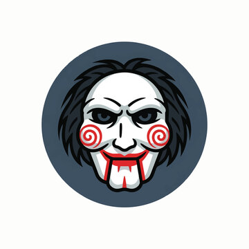 Vector illustration of Billy the Puppet from Saw, featuring a white face, black hair, red spiral cheeks, menacing eyes, and articulated red lips on a dark blue background.
