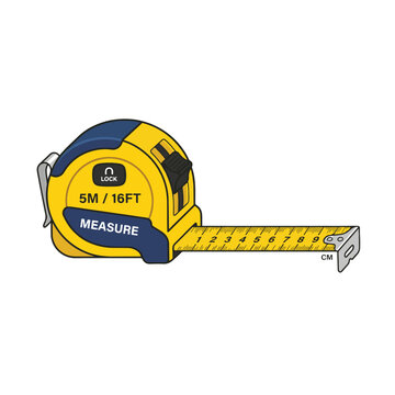 Yellow and blue tape measure with a retractable metal tape, featuring 5M / 16FT and MEASURE text, and a LOCK symbol.
