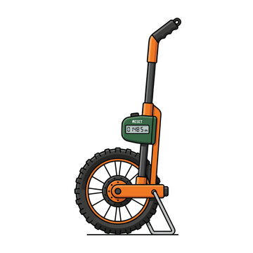 A side profile illustration of an orange and black distance measuring wheel with a rugged tire, handle, and a digital display showing 0148.5m.