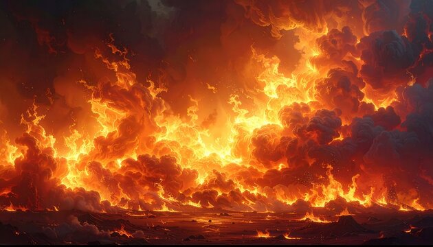 激しく燃え上がる巨大な炎と黒煙が空を覆い尽くす大規模な火災現場の風景。熱気と破壊を感じさせるダイナミックな爆発の瞬間を捉えた、災害の恐ろしさやエネルギーを表現する背景やテクスチャとして最適な高解像度のイメージ画像。