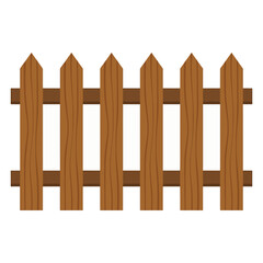 Obraz premium A simple illustration of a brown wooden picket fence with six vertical planks featuring pointed tops, supported by two horizontal beams. It has a flat, cartoon-like style.