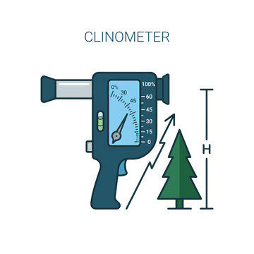 An illustration of a clinometer, a device used to measure the height of trees and other objects, shown with a tree and measuring scale.