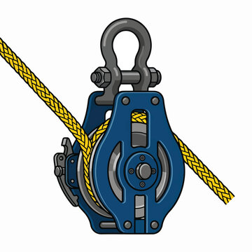 A blue pulley with a yellow rope threaded through it and attached to a metal shackle at the top.