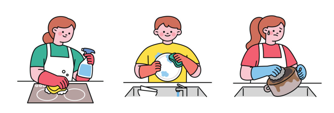 Kitchen cleaning, induction cleaner, dishwashing. Cute character with a round face. Upper body illustration.