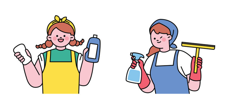 Wearing an apron and headband, ready to clean! Cute character with a round face. Upper body illustration.