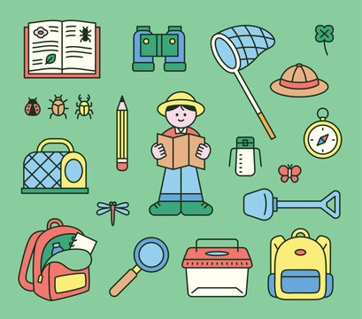 A collection of supplies needed for a nature field trip with a cute child. Cute character with a round face, featuring a design and geometric shape.