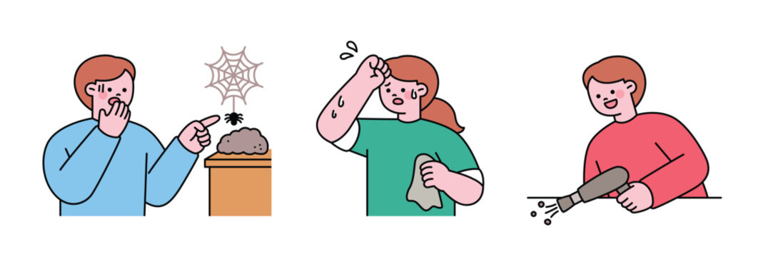 Dusty house, cleaning is hard, handheld vacuum cleaner. Cute character with a round face. Upper body illustration.