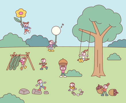 Cute children are happily playing in the forest while participating in nature experience learning. Cute character with a round face, featuring a design and geometric shape.