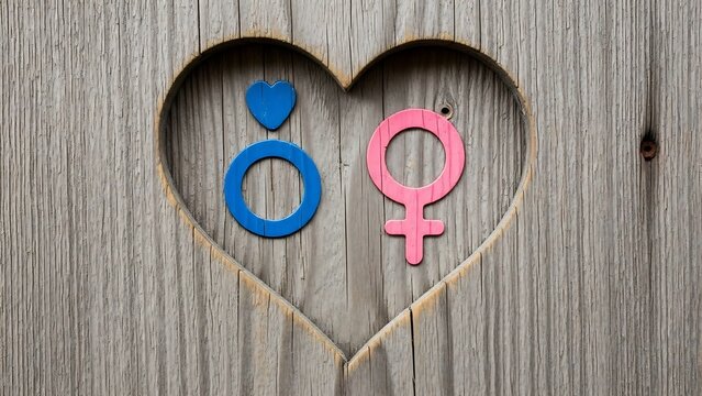 Gender symbols in heart shape on wooden background, love concept.